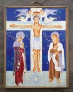 Om 1930 Calvarie Kruisbeeld Kruis Tegel Cloisonne Uitvoering, Antiek en Kunst, Ophalen of Verzenden