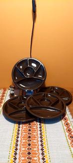 4 Vintage fondue tapas gourmet borden bruin jaren 70, Huis en Inrichting, Ophalen of Verzenden, Zo goed als nieuw, Overige stijlen