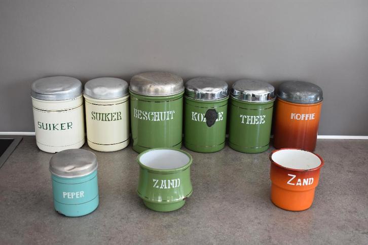 Emaille suiker peper koffie thee bussen zandbakje, Antiek en Kunst, Antiek | Emaille, Ophalen of Verzenden