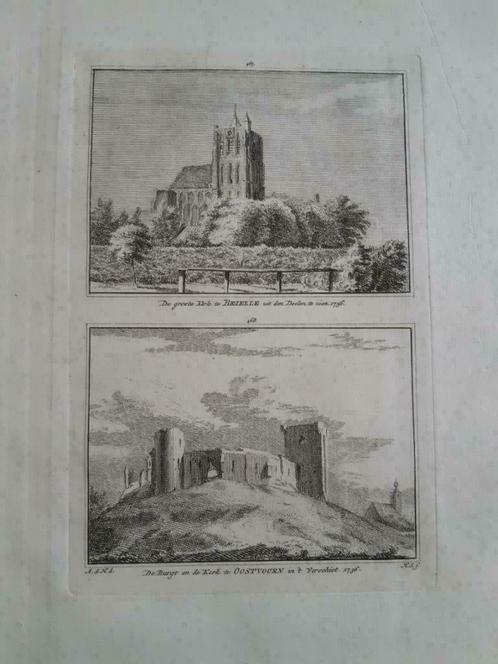 467-468 / Oostvoorn en Brielle de kerk Kopergravure 1757, Antiek en Kunst, Kunst | Etsen en Gravures, Ophalen of Verzenden