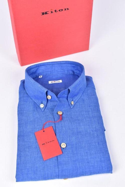 SALE Nieuw 429 euro Kiton shirt linnen maat 45 button down, Kleding | Heren, Overhemden, Nieuw, Overige halswijdtes, Blauw, Ophalen of Verzenden