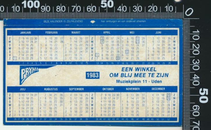 Sticker: Prima - Jaarkalender 1983 - Uden, Verzamelen, Stickers, Zo goed als nieuw, Bedrijf of Vereniging, Ophalen of Verzenden