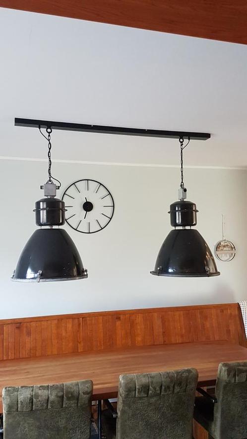 3 Industriële eettafellampen donkergroen/zwart, Huis en Inrichting, Lampen | Hanglampen, Gebruikt, 50 tot 75 cm, Glas, Metaal
