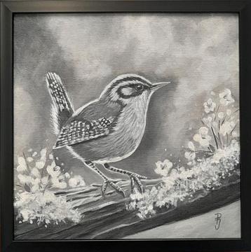 Schilderij winterkoninkje met lijst - origineel cadeau vogel beschikbaar voor biedingen