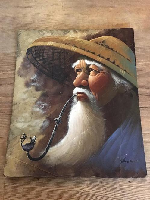 Schilderij Aziatische man met pijp & rieten hoed, tabaksblad, Antiek en Kunst, Kunst | Schilderijen | Klassiek, Ophalen of Verzenden