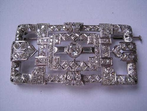 PLATINA ART DECO BROCHE / HANGER  m. DIAMANT, Sieraden, Tassen en Uiterlijk, Kettinghangers, Gebruikt, Overige materialen, Wit