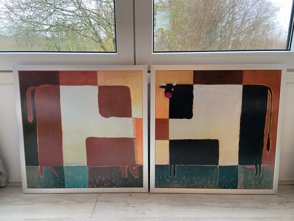 Twee schilderijen koe en paard, Antiek en Kunst, Ophalen