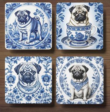 Mopshond Delfts Blauw onderzetters met houder beschikbaar voor biedingen