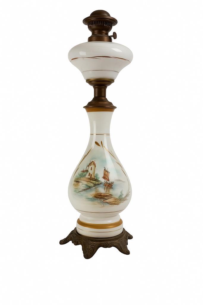 Antieke handbeschilderde glazen olielamp op siervoet, Antiek en Kunst, Antiek | Lampen, Ophalen of Verzenden