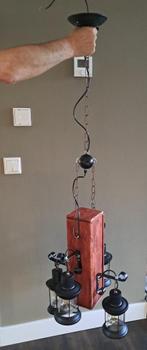 Hanglamp kroonluchter met 4 lantaarns, hout, metaal zwart, Nieuw, Industrieel, landelijk,, Ophalen, 75 cm of meer