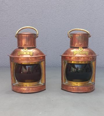 scheepslampen, koper en messing, blauw en rood glas, beschikbaar voor biedingen