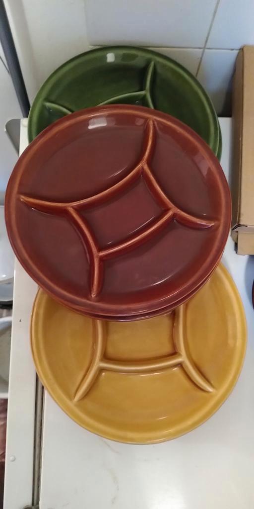 Vintage fondueborden, geel, groen en roodbruin, 8x, Huis en Inrichting, Keuken | Servies, Gebruikt, Bord(en), Overige stijlen