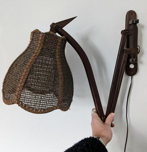 Vintage houten schaarlamp harmonica lamp/met kapje, Huis en Inrichting, Lampen | Wandlampen, Gebruikt, Ophalen of Verzenden