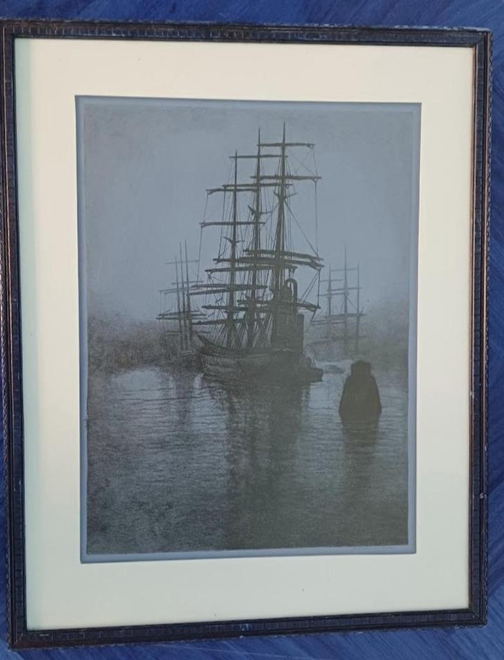 Antoon Derkzen van Angeren - Bark bij avond 1926 Rotterdam?, Antiek en Kunst, Kunst | Etsen en Gravures, Ophalen of Verzenden