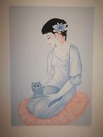Mara Tranlong. Litho. Dame met kat. Gesigneerd., Antiek en Kunst, Ophalen of Verzenden