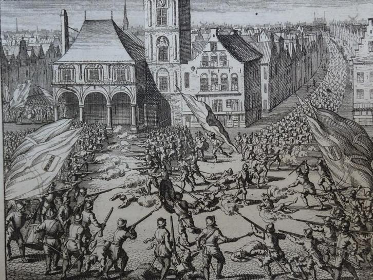 gravure Staatse troepen verslagen op Dam Amsterdam Hogenberg, Antiek en Kunst, Kunst | Etsen en Gravures, Verzenden