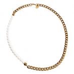 57cm 7,5mm Witte Kralen Ketting Heren Verguld Staal Cubaanse, Sieraden, Tassen en Uiterlijk, Kettingen, Overige materialen, Birgitta-Gracht 33, 6465 EL Kerkrade, Nederland