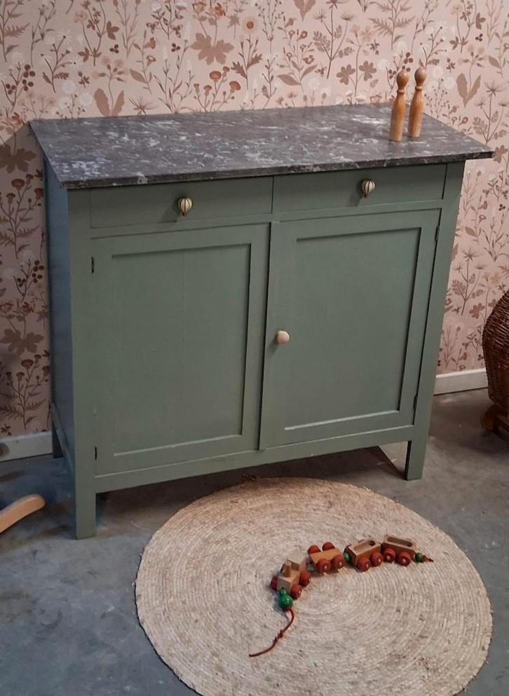 Vintage groene commode met marmeren blad ‘Eden’, Kinderen en Baby's, Kinderkamer | Commodes en Kasten, Zo goed als nieuw, Commode