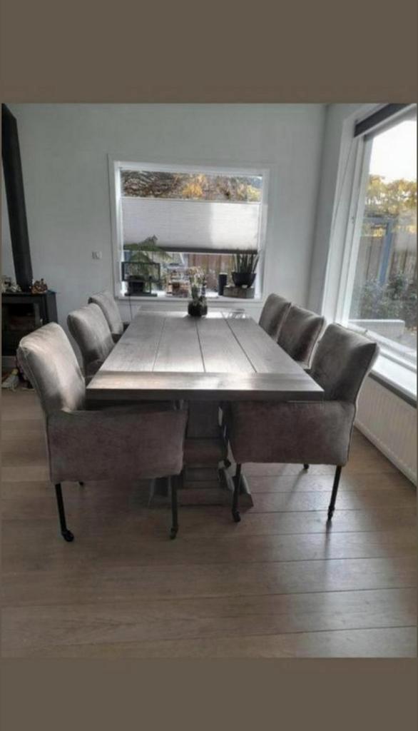 Kloostertafel eettafel eikenhout stoelen salontafel grijs, Huis en Inrichting, Complete eetkamers, Zo goed als nieuw, 4 tot 6 stoelen