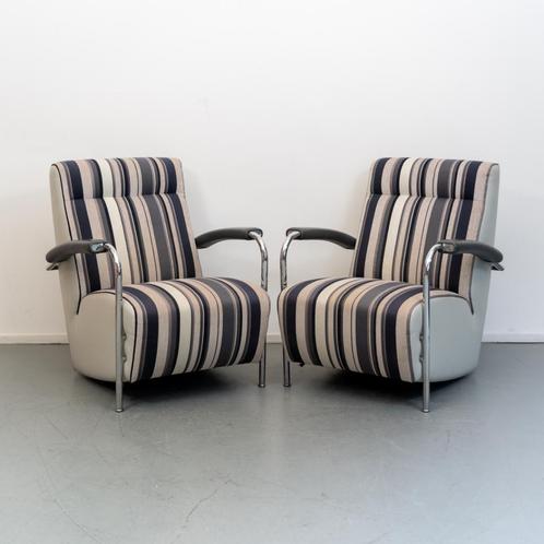 2x Leolux Scylla - Hoge Rug grijs/wit/zwart gestreepte stof, Huis en Inrichting, Fauteuils, Zo goed als nieuw, Leer, Ophalen of Verzenden