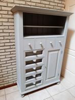 Vintage grijze houten buffetkast met veel soorten laden., Ophalen, Gebruikt, 25 tot 50 cm