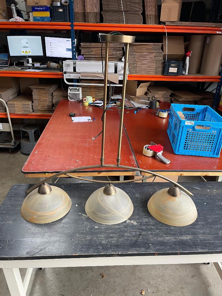 Hanglamp Morgano 3-L Brons met Glas Lamp Verstelbaar 105cm, Ophalen, Gebruikt, Kwantum Nederland, Glas