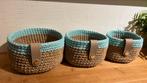 Set van 3 jute mandjes met licht blauw katoen en leren band, Ophalen of Verzenden, Nieuw, Rond, Mand