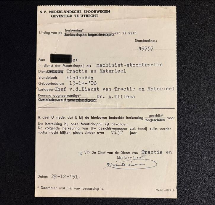 Positieve herkeuring machinist-stoomtractie NS (1951), Verzamelen, Spoorwegen en Tramwegen, Gebruikt, Trein, Ophalen of Verzenden