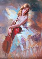 Schilderij vrouw met Cello 60x90xm, Antiek en Kunst, Ophalen of Verzenden