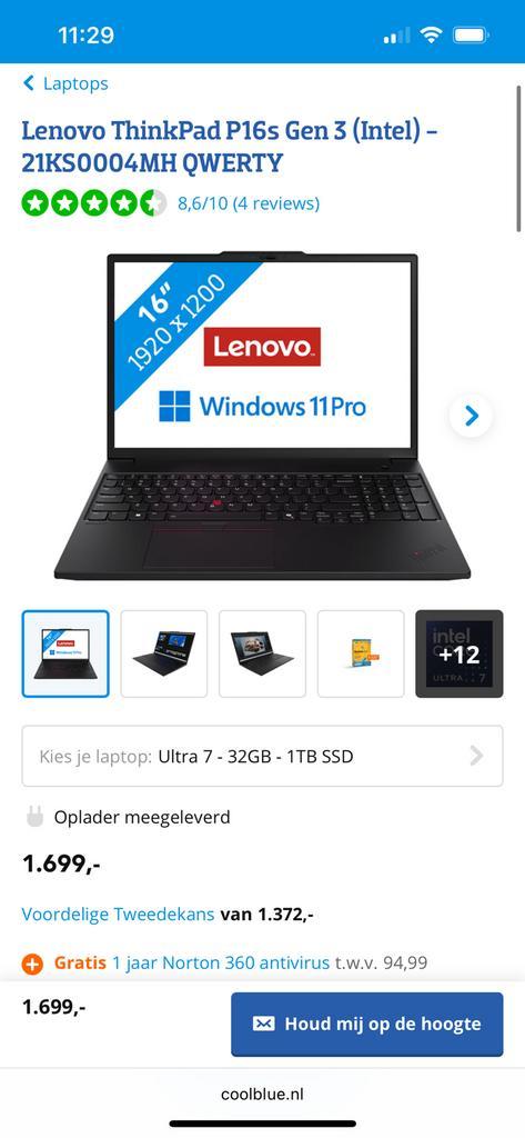 Lenovo p16s gen3 ultra core 7 32GB 1TB RTX 500 €1699 >€850, Computers en Software, Windows Laptops, Nieuw, SSD, 4 Ghz of meer