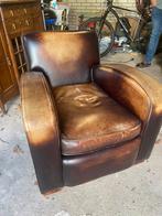 Engelse leren fauteuil met hocker, Ophalen of Verzenden, Gebruikt, Leer, 75 tot 100 cm