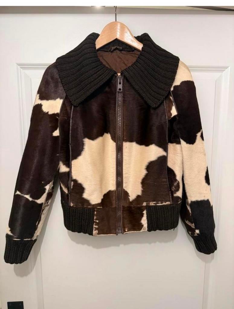 Vintage Koeienhuid Jas met Gebreide Details, Ophalen of Verzenden, Zo goed als nieuw, Maat 36 (S), Bruin