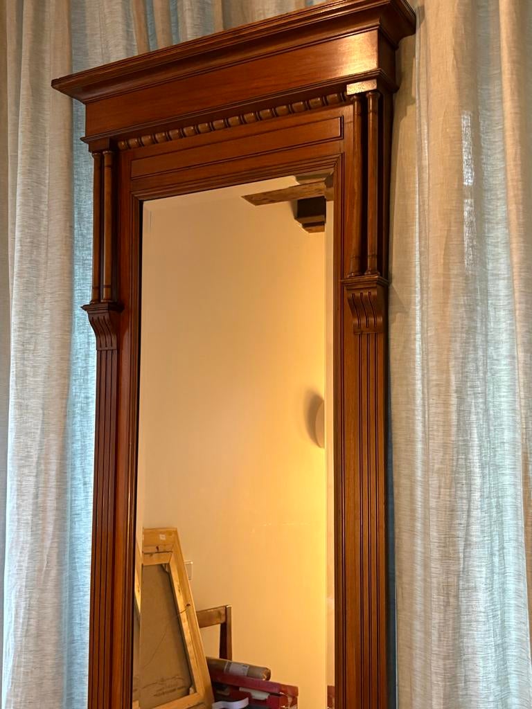 Notenhouten spiegel met tafeltje, Empire (stijl), Ophalen, Rechthoekig, 50 tot 100 cm, 150 tot 200 cm