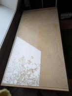 houten tafelblad met schragen en glazen plaat, Huis en Inrichting, Bureaus, Ophalen, In hoogte verstelbaar, Gebruikt, Bureau