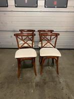 Set van 4 Houten Stoelen met Riet en Stoffen Zitting, Huis en Inrichting, Stoelen, Gebruikt, Bruin, Ophalen of Verzenden, Vier