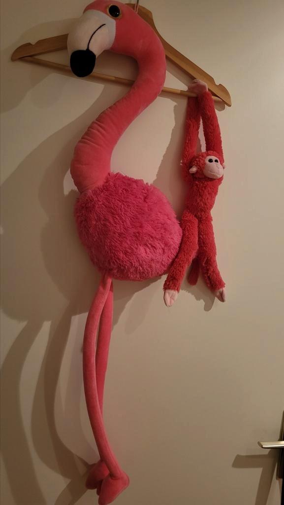 Roze flamingo 90 cm. + roze apenheul aapje. Schoon, Kinderen en Baby's, Speelgoed | Knuffels en Pluche, Zo goed als nieuw, Overige typen