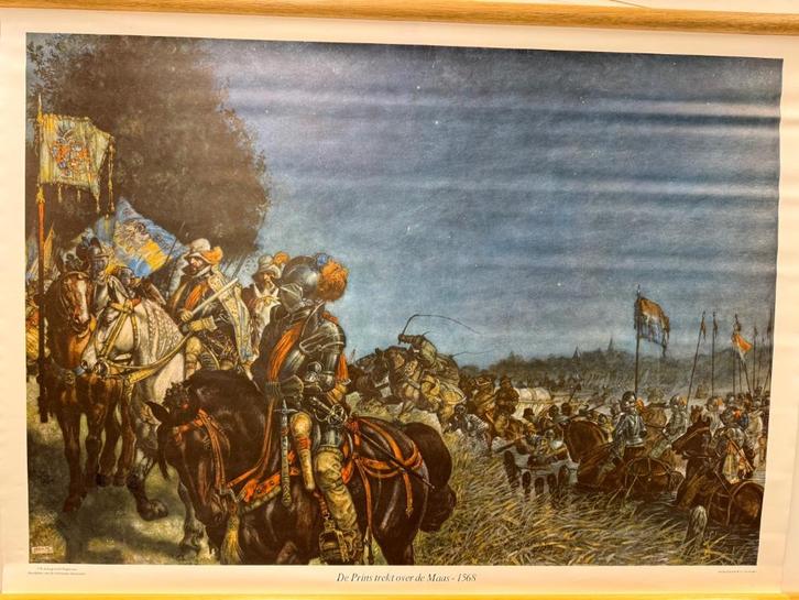 Historische schoolplaat Prins trekt over de Maas 1568, Antiek en Kunst, Antiek | Schoolplaten, Geschiedenis, Ophalen of Verzenden