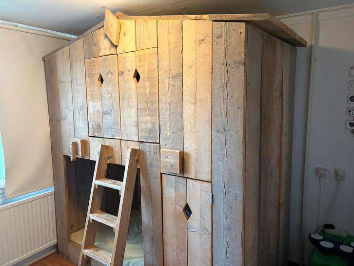 Steigerhouten Bedstee, Kinderen en Baby's, Kinderkamer | Bedden, Gebruikt, 180 cm of meer, 100 cm of meer, Hoogslaper of Stapelbed