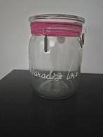 Windlicht /vaasje met tekst paradise love & roze lint bedels, Overige materialen, Ophalen of Verzenden, Zo goed als nieuw, Kandelaar
