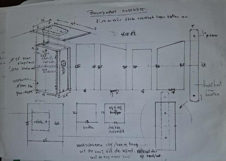 Bouwtekening van vogelnestkastje met breed dak - Katproof!, Tuin en Terras, Vogelhuisjes en Vogelbaden, Gebruikt, Ophalen of Verzenden