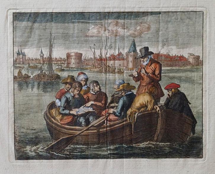 17e eeuwse kopergravure: Bekjen predikt op de Amstel, Antiek en Kunst, Kunst | Etsen en Gravures, Ophalen of Verzenden