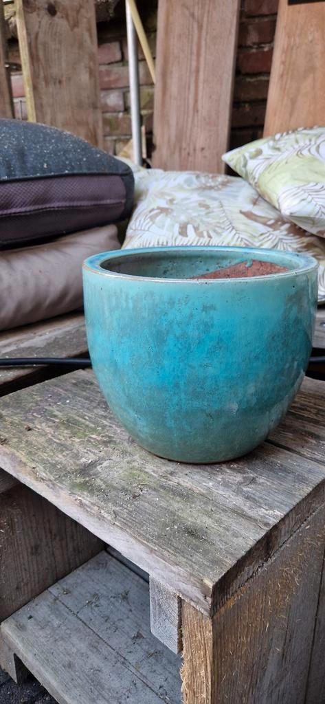 Turquoise Bloempot - Aardewerk, Tuin en Terras, Bloempotten, Gebruikt, Aardewerk, Binnen, Balkon, Tuin, Minder dan 40 cm, Minder dan 25 cm