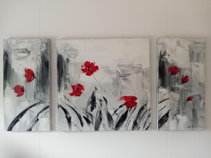 Prachtig driedelig schilderij met rode klaprozen,, Antiek en Kunst, Kunst | Schilderijen | Modern, Ophalen