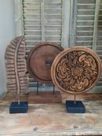 Set van 3 houten ornamenten op voet wiel sculptuur stoer, Ophalen, Gebruikt