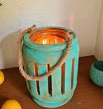 Stoere houten  lantaarn windlicht ibiza beach turquoise, Overige kleuren, 25 tot 50 cm, Ophalen of Verzenden, Zo goed als nieuw