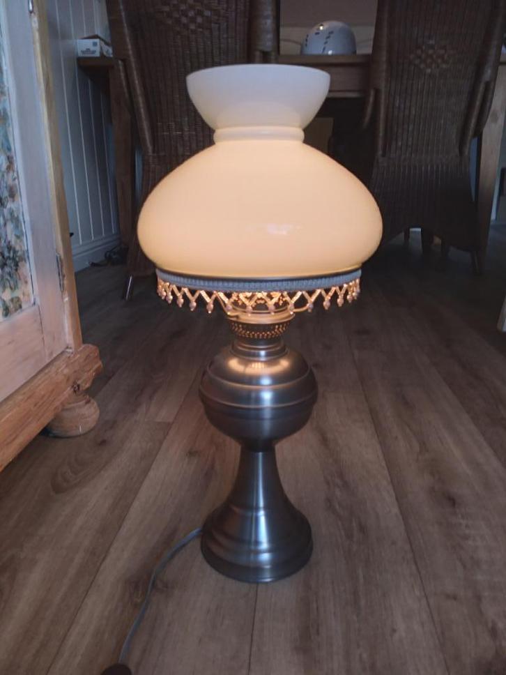 Tafellamp, tin -melkglas, Huis en Inrichting, Lampen | Tafellampen, Zo goed als nieuw, Minder dan 50 cm, Glas, Overige materialen