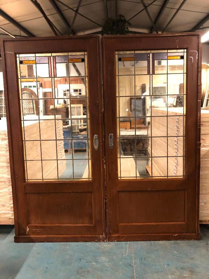 Set schuif / en-suite deuren met glas in lood 201x185cm, Antiek en Kunst, Curiosa en Brocante, Ophalen