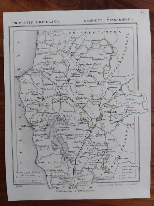 24 / Wonseradeel Bolsward Tjerkwerd Litho 1865 van J. Kuyper, Antiek en Kunst, Kunst | Litho's en Zeefdrukken, Ophalen of Verzenden