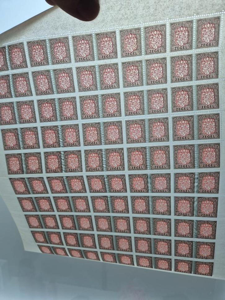 Distributie zegels / 1 vel van 100 zegels / Postfris, Postzegels en Munten, Postzegels | Nederland, Postfris, T/m 1940, Ophalen of Verzenden