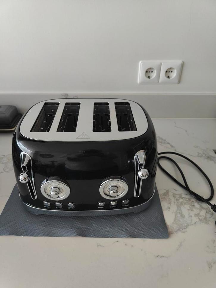 Oldscool zwarte retro dubbele broodrooster (4 lades), Witgoed en Apparatuur, Broodroosters, Zo goed als nieuw, Uitneembare kruimellade